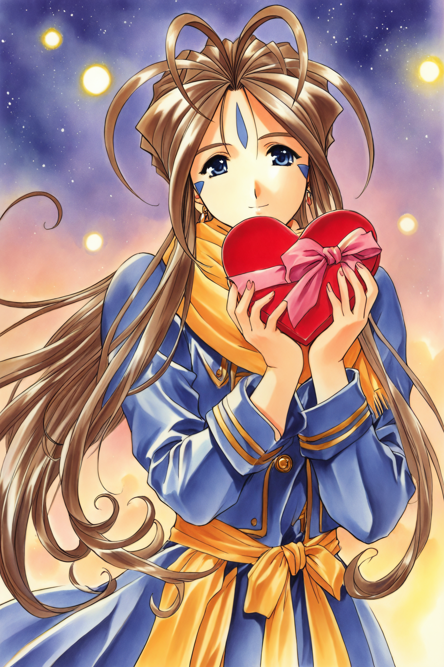 39063-1949035172-Belldandy,1girl,solo,blue eyes,long hair,scarf,facial mark,valentine,brown hair,jewelry,forehead mark,heart-shaped box,earrings,.png
